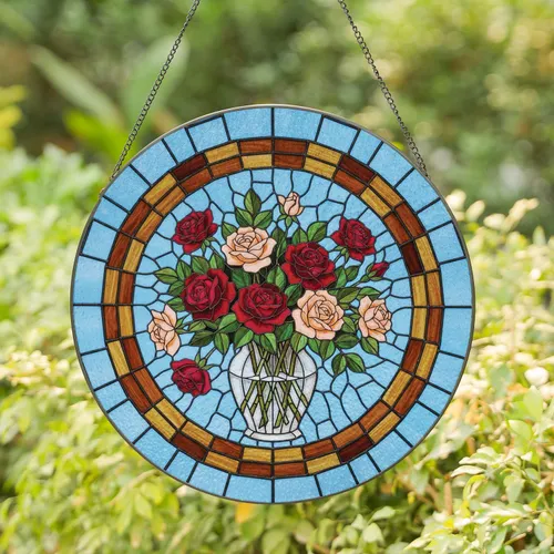 Stained Glass Red Peach Roses Bouquet Glass Vase Mosaic - Home Decor Gift Stained Glass Suncatcher