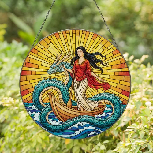 Woman Dragon Serpent in Boat Sunburst Ocean - Home Decor Gift Stained Glass Suncatcher