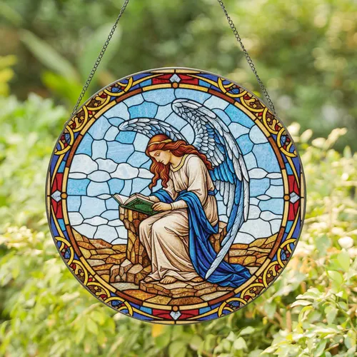 Contemplative Angel Reading Book Celestial Sky Mosaic - Home Decor Gift for Book Lover Stained Glass Suncatcher