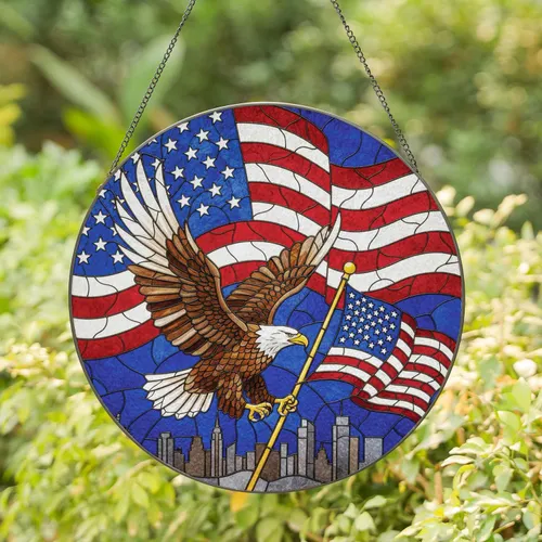 Bald Eagle American Flag City Skyline - Independence Day Gift for Veterans Stained Glass Suncatcher