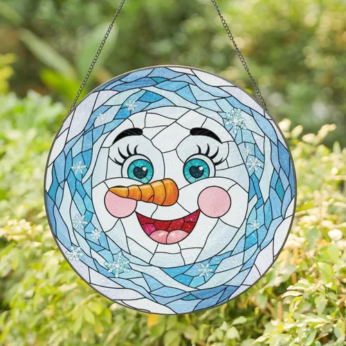 Expressive Snowman Face Wintry Snowflake Ice Mosaic - Christmas Home Decor Gift Stained Glass Suncatcher