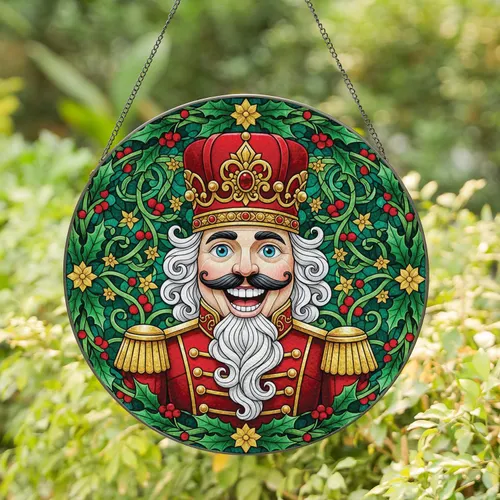 Nutcracker Soldier Holly Berries Christmas Home Decor Gift - for Holiday Home Stained Glass Suncatcher
