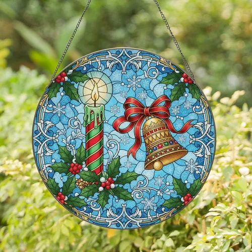 Christmas Candle Bell Holly Snowflake - Christmas Home Decor Gift Stained Glass Suncatcher