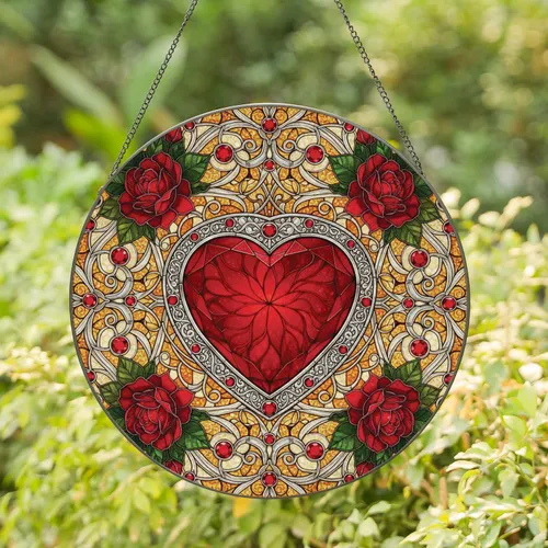 Opulent Ruby Heart Crimson Roses Silver Filigree Intricate Jewels Home Decor Stained Glass Suncatcher