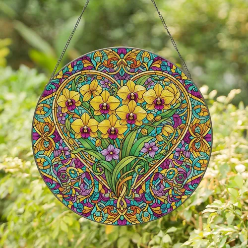 Orchid Heart Flowers Scrollwork - Home Decor Gift for Plant Lover Stained Glass Suncatcher