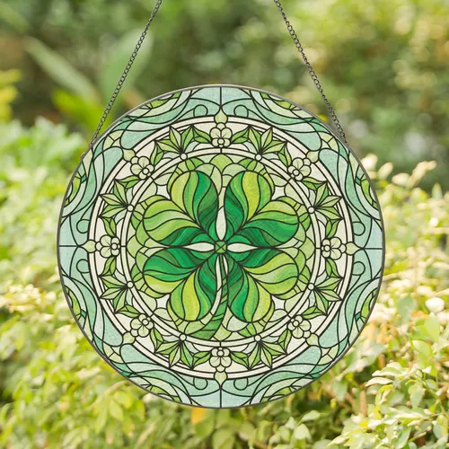 Four-leaf Clover Heart Leaves Ornate Rosette Border Organic Mosaic - Home Decor Gift Stained Glass Suncatcher
