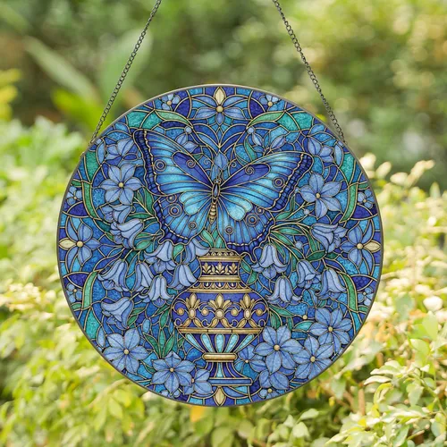 Blue Butterfly Periwinkle Flowers Vase - Garden Lover Home Decor Gift Stained Glass Suncatcher