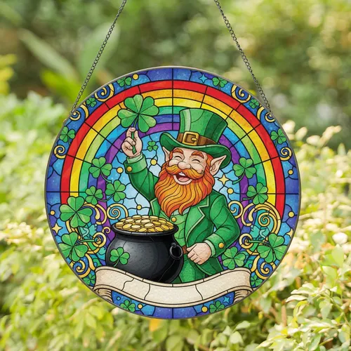 Vibrant Leprechaun Four-Leaf Clover Gold Pot Rainbow - St Patrick's Day Decor Gift Stained Glass Suncatcher