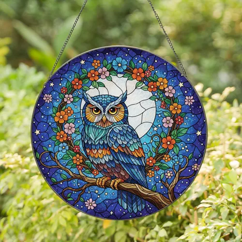 Owl Full Moon Floral Wreath - Home Decor Gift for Wildlife Lover Stained Glass Suncatcher