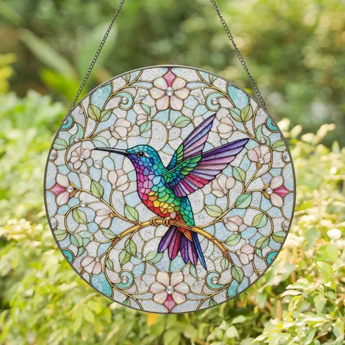 Rainbow Hummingbird Golden Floral Branch Crystal Dewdrops - Home Decor Gift for Wildlife Lovers Stained Glass Suncatcher