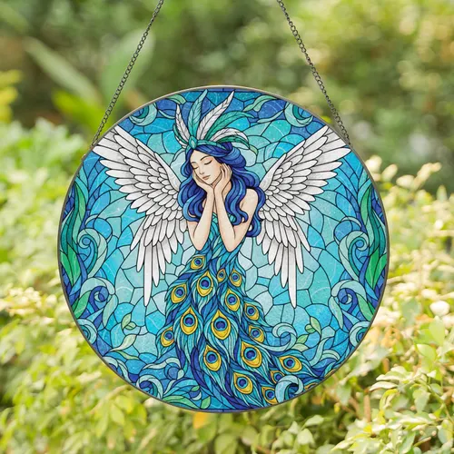 Winged Fairy Peacock Feathers - Home Decor Gift for Nature Lover Stained Glass Suncatcher