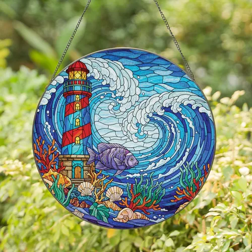Lighthouse Ocean Wave Underwater Coral Reef - Marine Life Decor Gift for Ocean Lover Stained Glass Suncatcher