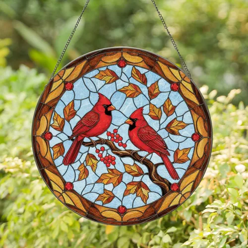Northern Cardinals Branch Berries - Wildlife Lover Home Decor Gift Stained Glass Suncatcher