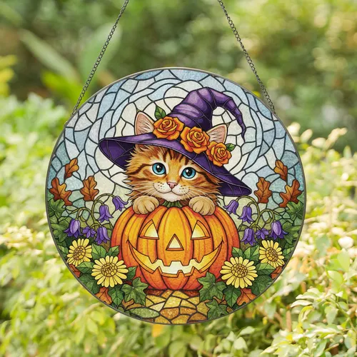 Fluffy Tabby Kitten Witch Hat Jack-o'-Lantern - Halloween Gift for Cat Lover Stained Glass Suncatcher
