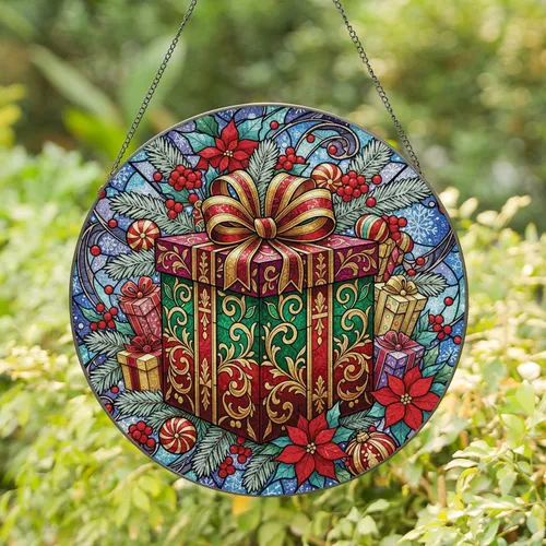 Christmas Gift Box Stained Glass Mosaic - Home Window Holiday Decor Stained Glass Suncatcher