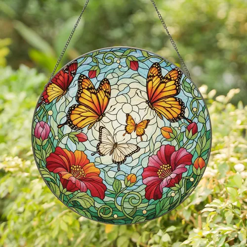 Monarch Butterflies Blooming Flowers - Home Decor Gift for Nature Lovers Stained Glass Suncatcher