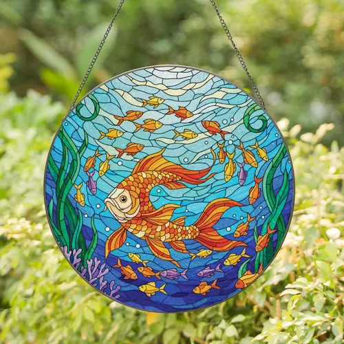 Tiffany Stained Glass Orange Fish Underwater Scene Home Decor Gift for Aquatic Lover Stained Glass Suncatcher