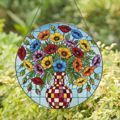 Multi-colored Poppies Floral Checkerboard Mosaic Vase - Home Decor Gift for Garden Lover Stained Glass Suncatcher