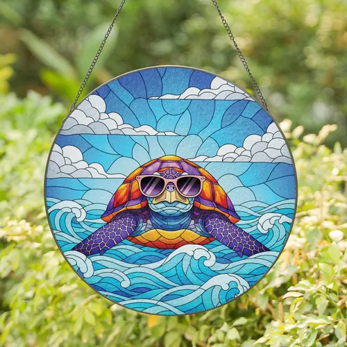Sea Turtle Sunglasses Ocean Waves Clouds - Wildlife Lover Home Decor Gift Stained Glass Suncatcher