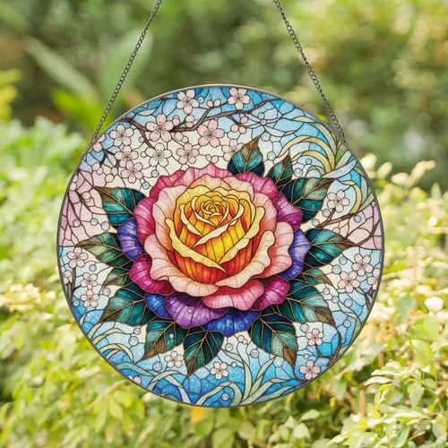 Blooming Rose Leaves Filigree Cherry Blossom Botanical Mosaic - Home Decor Gift Stained Glass Suncatcher