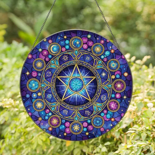 Golden Pentagram Blue Star Astrological Symbols Celestial Cosmos - Home Decor Gift Stained Glass Suncatcher