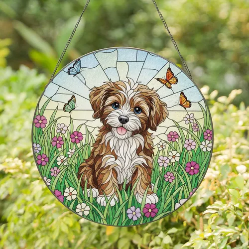 Tiffany Stained Glass Puppy Meadow Butterflies - Luminous Home Decor Gift Stained Glass Suncatcher