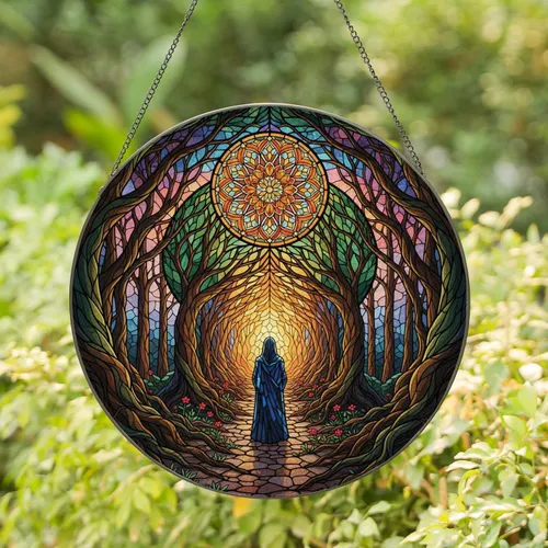Luminous Solitary Figure Forest Tunnel Rose Window Gnarled Roots - Window Decor Gift Stained Glass Suncatcher