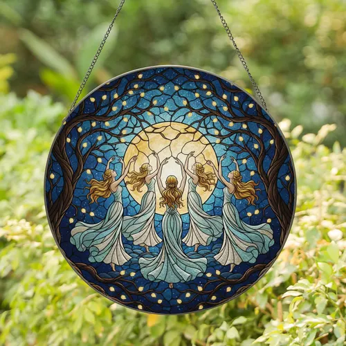 Dancing Figures Full Moon Entwined Branches - Home Decor Gift Stained Glass Suncatcher
