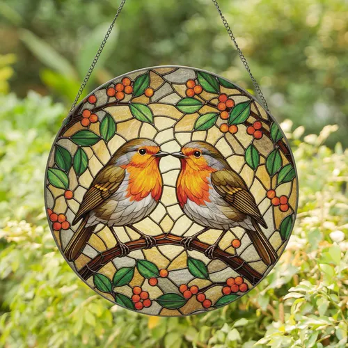 European Robins on Branch with Berries - Home Decor Gift for Bird Lovers Stained Glass Suncatcher