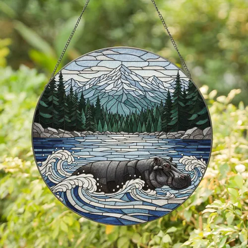 Hippopotamus Forest Mountain Lake with Waves - Wildlife Lover Home Decor Gift Stained Glass Suncatcher