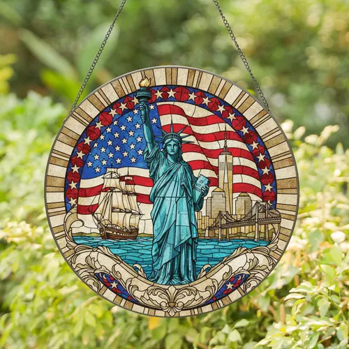 Statue of Liberty NYC Skyline American Flag - Independence Day Gift for Veterans Stained Glass Suncatcher