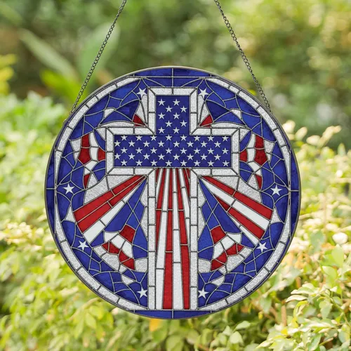 American Flag Christian Cross - Independence Day Gift for Veterans Stained Glass Suncatcher
