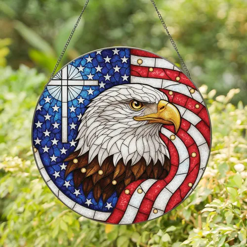 Bald Eagle American Flag Cross Independence Day Gift for Veterans Stained Glass Suncatcher