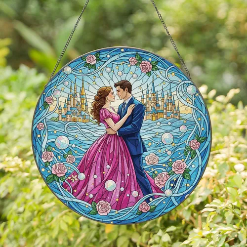 Romantic Couple Fantasy Castles Roses - Wedding Anniversary Home Decor Gift Stained Glass Suncatcher