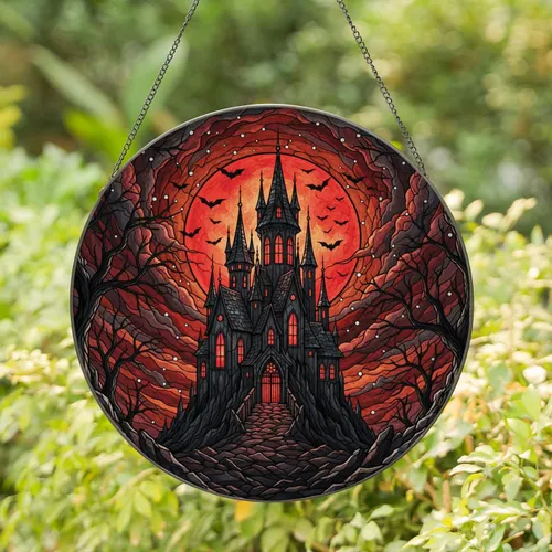 Gothic Haunted Castle Spires Blood Moon Bats Twisted Branches - Spooky Home Decor Gift Stained Glass Suncatcher