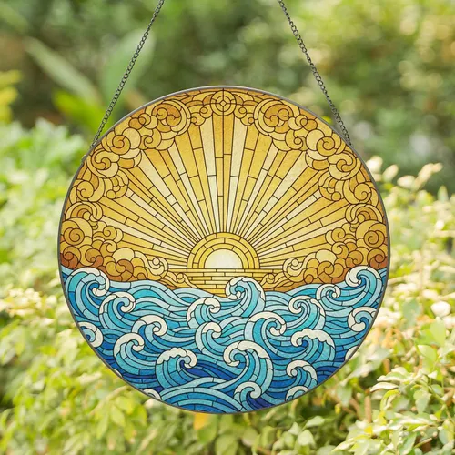 Radiant Golden Sun Celestial Clouds Ocean Waves - Home Decor Gift Stained Glass Suncatcher
