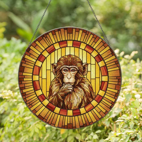Macaque Monkey Forward Gaze Circular - Wildlife Home Decor Gift Stained Glass Suncatcher