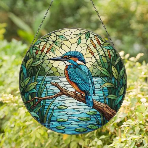 Kingfisher Waterside Landscape - Wildlife Lover Home Decor Gift Stained Glass Suncatcher