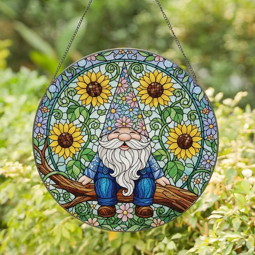 Garden Gnome Sunflowers Mosaic Hat - Home Decor Gift for Garden Lover Stained Glass Suncatcher