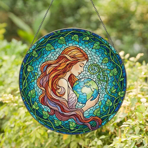 Woman Cradling Earth Globe Colorful Hair Flowing Vines Lush Leaves Tendrils - Earth Day Gift Stained Glass Suncatcher