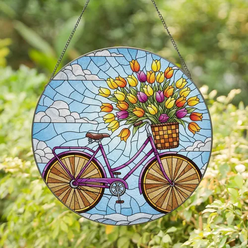 Vintage Bicycle Tulips Sky - Home Decor Gift for Bicycle Lover Stained Glass Suncatcher