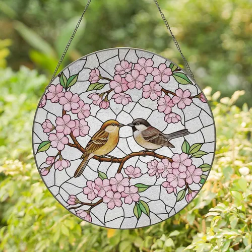 Luminous Stained Glass Birds Pink Cherry Blossom - Home Decor Gift for Nature Lovers Stained Glass Suncatcher