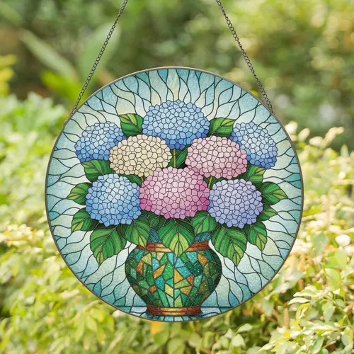 Hydrangea Flower Bouquet Mosaic Green Leaves - Home Decor Gift for Garden Lover Stained Glass Suncatcher