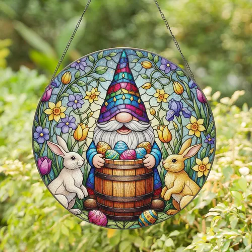 Gnome Easter Eggs Rabbits Spring Foliage - Easter Holiday Home Decor Stained Glass Suncatcher