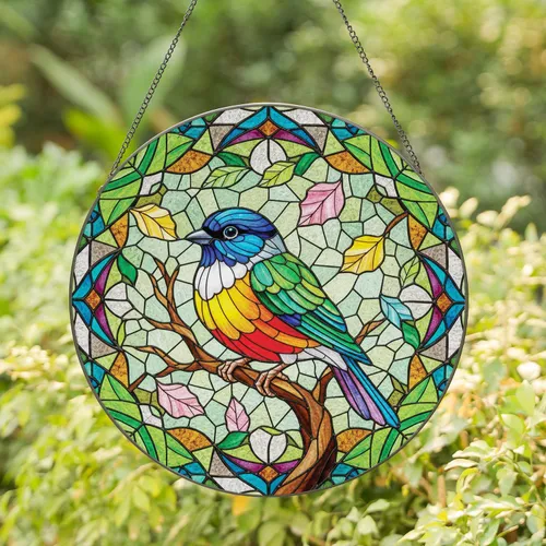 Plump Multi-Colored Bird Branch Floating Leaves - Wildlife Home Decor Gift for Bird Lovers Stained Glass Suncatcher