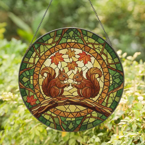 Squirrels Tree Branch Autumn Leaves - Wildlife Lover Home Decor Gift Stained Glass Suncatcher