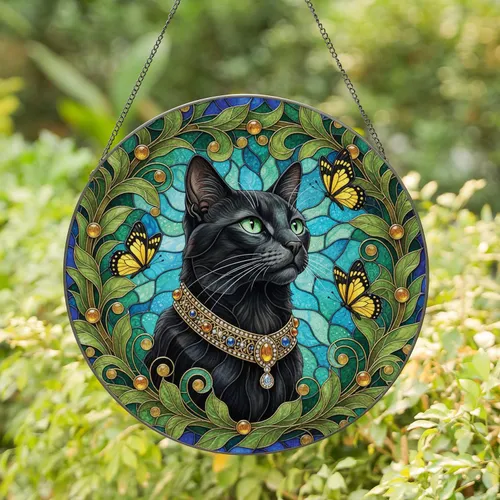 Black Cat Green Eyes Butterflies Gold Collar - Home Decor Gift for Cat Lover Stained Glass Suncatcher