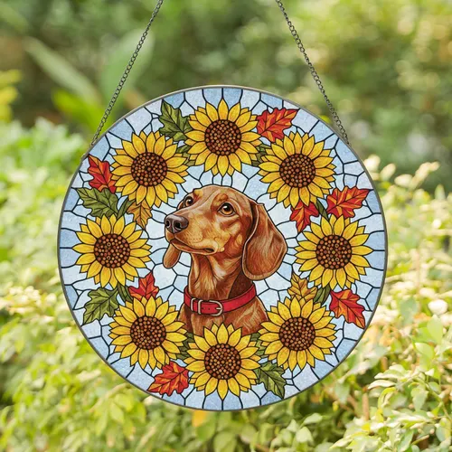 Dachshund Dog Red Collar Sunflowers Autumn Leaves Mosaic - Window Decor Gift for Dog Owners Stained Glass Suncatcher