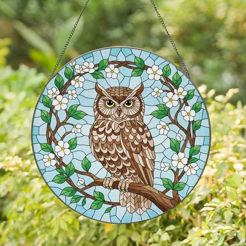 Majestic Owl with Golden Eyes and White Flowers on Branch - Home Decor Wildlife Lover Gift Stained Glass Suncatcher