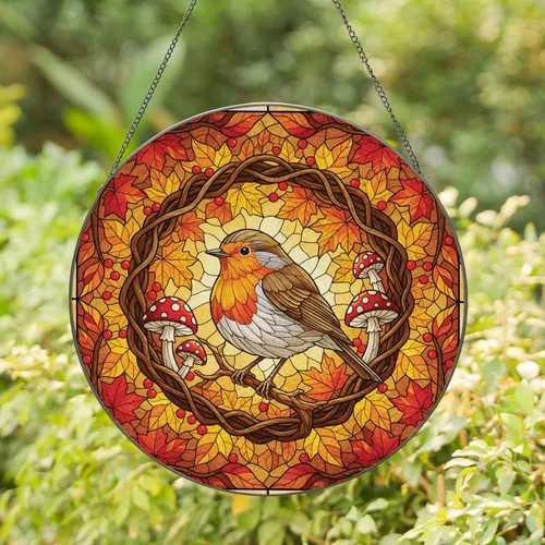 Plump Robin Autumn Leaves Toadstools - Fall Home Decor Gift for Bird Lovers Stained Glass Suncatcher